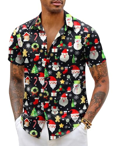 COOFANDY Weihnachten Hemd Herren Weihnachtshemd Weihnachtsshirt Xmas Shirt Christmas Hemd Funky Christmas Print Christmas Freizeithemd 3D Druck Weihnachts Freizeithemd Schwarz 4XL von COOFANDY