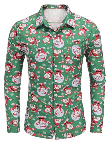 COOFANDY Weihnachtshemd Herren Langarm Hemden Gedruckte Weihnachten Hemden Christmas Freizeithemd Festival Hemd für Männer Grün 3XL von COOFANDY