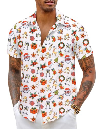 COOFANDY Weihnachtshemd Herren Weihnachtsshirt Kurzarm Xmas Shirt Funky Kurzarm Christmas Hemd Weihnachten Hemd Christmas Freizeithemd Weihnachts Shirt Funky Christmas Weiß L von COOFANDY