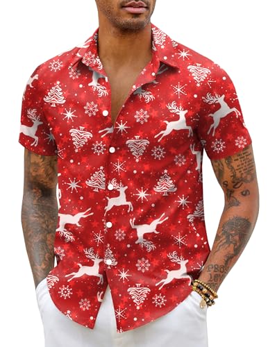 COOFANDY Weihnachtshemd Herren Weihnachtsshirt Kurzarm Weihnachten Hemd Xmas Shirt Funky Christmas Print Weihnachtsmann Hemd Christmas Freizeithemd Männer Rot-A S von COOFANDY