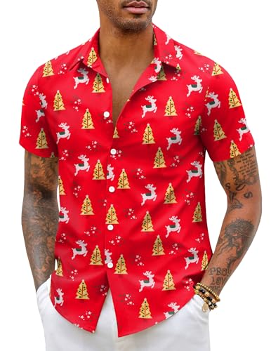 COOFANDY Weihnachtshemd Herren Weihnachtsshirt Kurzarm Weihnachten Hemd Xmas Shirt Funky Christmas Print Weihnachtsmann Hemd Christmas Freizeithemd Männer Rot M von COOFANDY