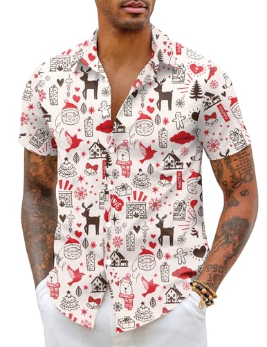 COOFANDY Weihnachtshemd Herren Weihnachtsshirt Kurzarm Weihnachten Hemd Xmas Shirt Funky Christmas Print Weihnachtsmann Hemd Christmas Freizeithemd Männer Weiß-A XXL von COOFANDY