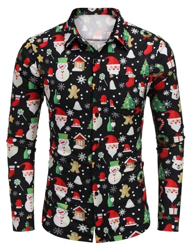 COOFANDY Weihnachtshemd Herren Langarm Hemden Gedruckte Weihnachten Hemden Christmas Freizeithemd Festival Hemd für Männer Schwarz S von COOFANDY