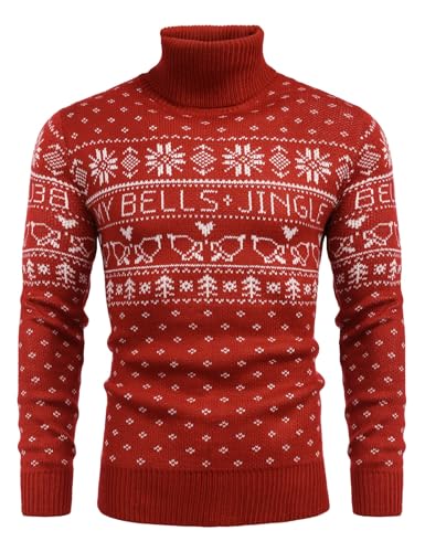 COOFANDY Weihnachtspullover Herren Hässlich Weihnachten Rollkragenpullover Strick Norweger Pullover Rot XXL von COOFANDY