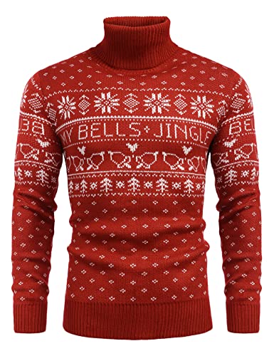 COOFANDY Weihnachtspullover Herren Lustige Hässliche Norweger-Pullover Winter Pullover mit Rollkragen Rot XL von COOFANDY