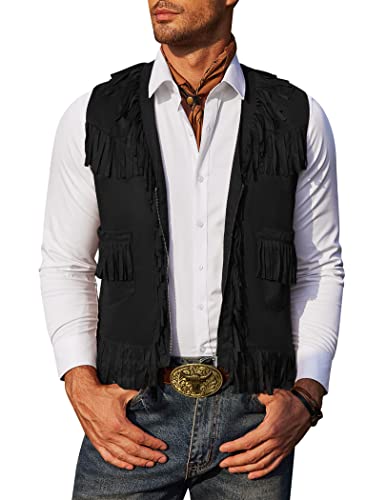 COOFANDY Western-Cowboy-Weste, Herren, lässig, Fransen, Hippie-Kostüm, V-Ausschnitt, Reißverschluss, Wildleder - Schwarz - XX-Large von COOFANDY