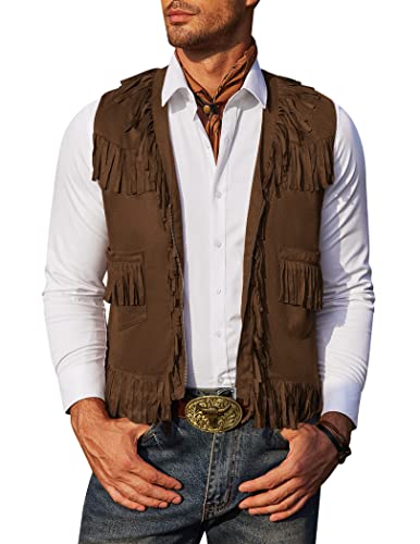 COOFANDY Westernweste für Herren, Westernweste, lässig, Fransen, Hippie-Kostüm, V-Ausschnitt, Reißverschluss, Wildleder, coffee, X-Groß von COOFANDY