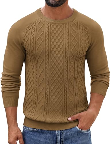 COOFANDY Winter Pullover Herren Warm Strickpullover Zopfmuster Business Rundhals Pulli Slim Fit Elegant Dicker Winterpullover Braun XXL von COOFANDY