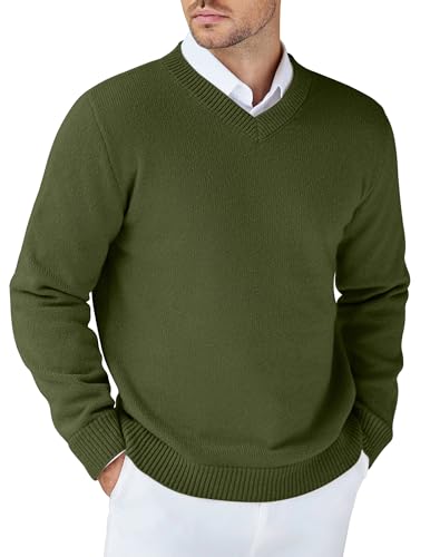 COOFANDY Business Pullover Herren V Ausschnitt Langarm Strickpullover Regular Fit Sweater Winterpullover Herren Pulli Armeegrün L von COOFANDY