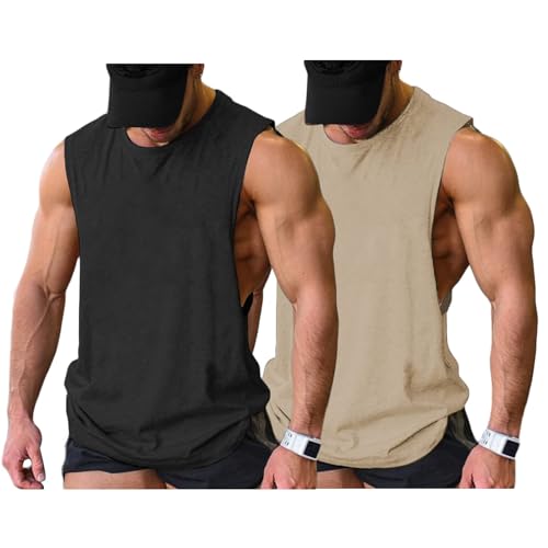 COOFANDY Workout Tank Tops Gym Herren Fitness Ärmelloses Shirt Cut Off Muskelshirt, Schwarz/Hell Khaki(2 Stück) XL von COOFANDY