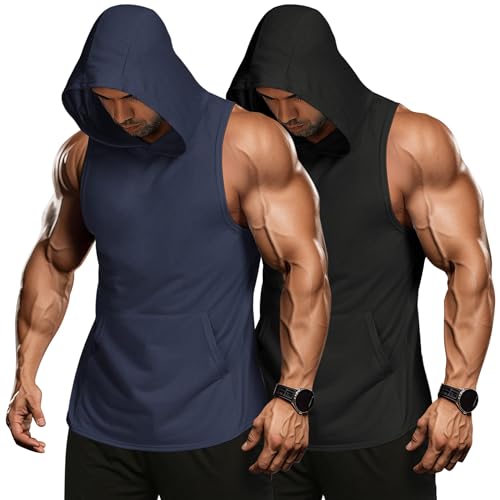 COOFANDY Workout Tank Tops Herren Fitness Shirts Muskelshirts Gym Bodybuilding Shirts Sport Fitness Muskel Shirt Unterhemden Kapuzenpullover Schwarz/Marineblau(2 Stück) L von COOFANDY