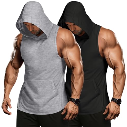 COOFANDY Workout Tank Tops Herren Muskelshirts Gym Bodybuilding Shirts Ärmelloser Hoodie Fitness Shirts Gym Kaputzenpullover ohne Taschen Schwarz/Hellgrau(2 Stück) M von COOFANDY