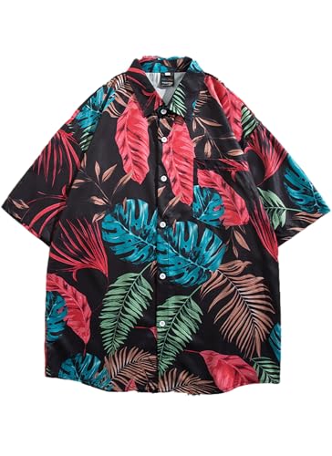 COOFANDY Z Freizeithemd Sommerhemd Floral Shirt Vordertasche Urlaub Sommer Aloha Bedruckter Unisex Kurzarm Shirts PA86 XXL von COOFANDY