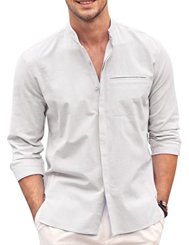 Coofandy Herren Baumwolle Leinen Hemd Langarm Button Down Shirt Band Kragen Strand Yoga Shirts, Weiss/opulenter Garten, XL von COOFANDY