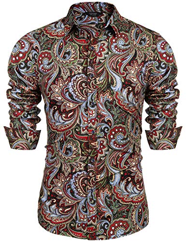 Coofandy Herren Paisley Baumwolle Langarm-Shirt mit Blumenmuster lässige Retro Hemd Large Wine Rot von COOFANDY