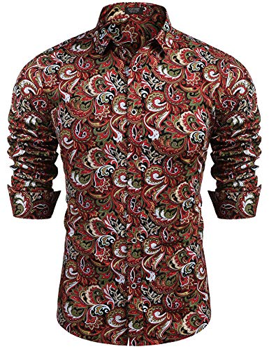 Coofandy Herren Paisley Baumwolle Langarmshirt Blumendruck Casual Retro Button Down Shirt, Muster 1, L von COOFANDY