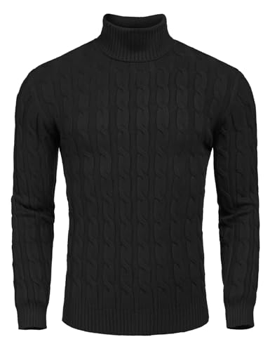 COOFANDY Herren Slim Fit Rollkragenpullover Casual Twisted Knitted Pullover Sweater, 01-Schwarz, X-Klein von COOFANDY