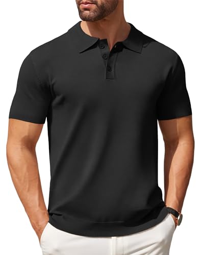 Coofandy Herren Strick-Poloshirt, lässig, kurzärmelig, Knopfleiste, klassisches Golf-Shirt, Schwarz, XL von COOFANDY