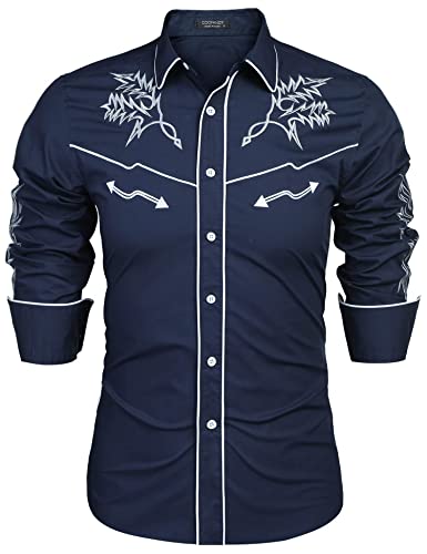 Coofandy Herren Western Cowboy Shirt Bestickt Langarm Baumwolle Casual Button Down Shirt, Blau, 3X-Groß von COOFANDY