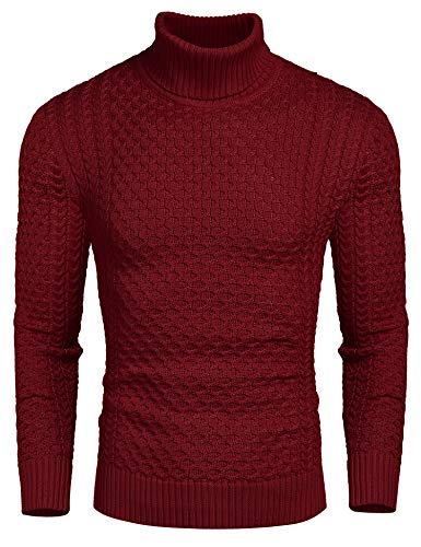 Coofandy Rollkragen Herren Strickpullover Pullover Slim Fit Winter Basic Sweater Mischen, Rot, S von COOFANDY