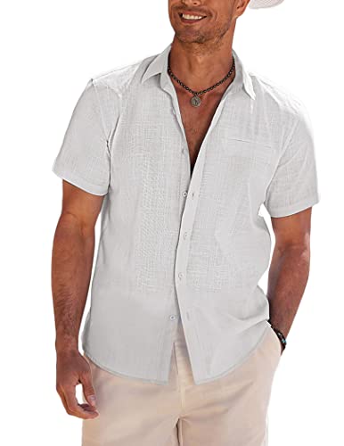 COOFANDY Hemd Herren Kurzarm Sommer Leinenhemd Freizeit Regular Fit Button Down Kurzarm Männer Hemden Strand Leinen Shirts Weiß XL von COOFANDY