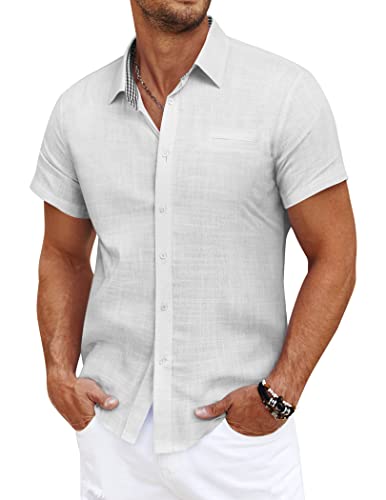COOFANDY Herren Hemd Leinenhemd Kurzarm Leichtes Sommerhemd Regular Fit Baumwolle Kurzarm Herrenhemden Freizeithemd Weiß XL von COOFANDY