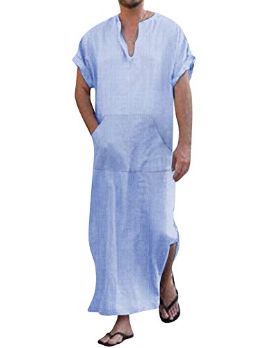 Schlafanzug Herren Kurz Nachthemd Roben aus Baumwolle Leinen Sommer Tshirt Nachtwäsche Blau XXL von COOFANDY