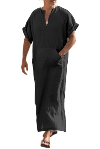 Schlafanzug Herren Kurz Nachthemd Roben aus Baumwolle Leinen Sommer Tshirt Nachtwäsche Schwarz S von COOFANDY