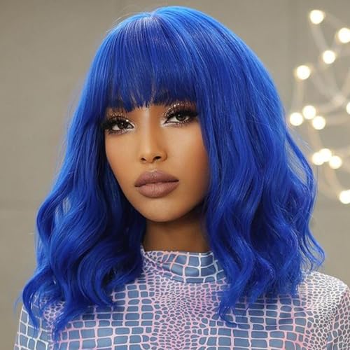 COOINEADER Blaue Perücken für schwarze Frauen, weich, kurzer Bob-Stil, mit Pony, Kunsthaarperücke, schulterlang, lockig, für Damen COOINEADER Blaue Perücken für schwarze Frauen, weich, kurzer Bob-Stil, mit Pony, Kunsthaarperücke, schulterlang, lockig, für Damen von COOINEADER