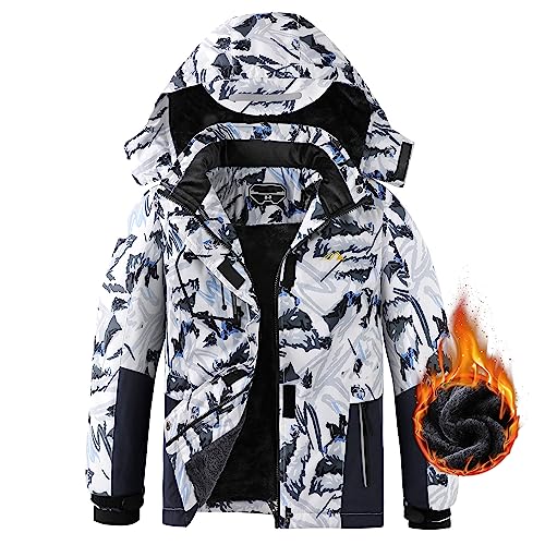 COOKFIP Kinder Skijacke Wasserdicht Jungen Mädchen Warme Fleece Winterjacke Winddicht Kapuze Schneemantel, White Snow Mountain, 6-7 von COOKFIP