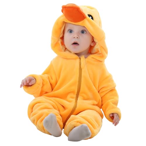 COOKY.D Baby Tier Kapuzen Jumpsuit mit Reißverschluss Neugeborene Kleinkinder Flannel Schlafanzug Outdoor Outfit,2-5 Monate Ente von COOKY.D