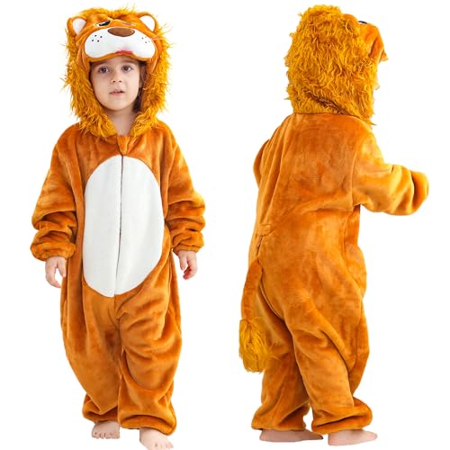 COOKY.D Baby Tier Overall Kleinkinder Lockere Passform Halloween Flanell Jumpsuit Spielanzug Jungen Mädchen Cartoon mit Kapuze Outfit Löwe, 6-12 Monate von COOKY.D