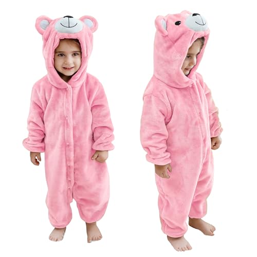 COOKY.D Flanell Baby Tier Strampler Schnappknopf Verschluss Neugeborenes Mädchen Weicher Spielanzug Rosa Bär, 18-24 Monate von COOKY.D