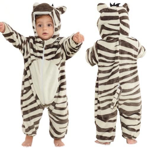 COOKY.D Infant Kapuzen Baby Overall Tier Jumpsuit Weicher Flanell Winter Cosplay Kostüm Für Baby Mädchen Jungen,Zebra 12-18 Monate von COOKY.D