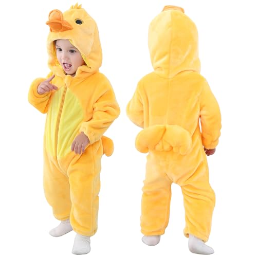 COOKY.D Infant Kapuzenbody Tier Overall Animal Jumpsuit Weicher Flanell Winter Cosplay Kostüm für Baby Mädchen Jungen,6-12 Monate,Ente von COOKY.D