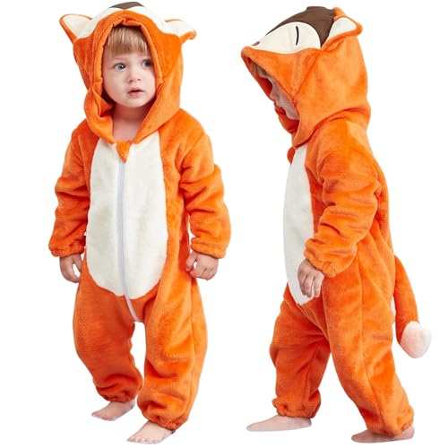 COOKY.D Neugeborenen Flanell Overall mit Kapuze Herbst Winter Schlafanzug Strampler Langarm Baby Schlafanzug für Mädchen Jungen Fuchs,2-5 Monate von COOKY.D