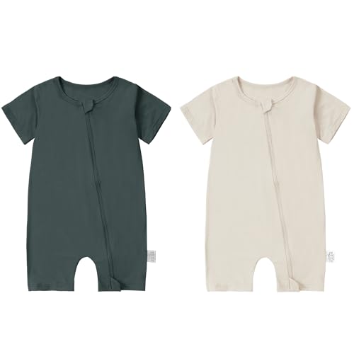 COOKY.D Unisex Baby Bambusfaser Kurzarm Frühling Strampler Weich Atmungsaktiv Toddler Ideal Sommer Jumpsuit 6-12 Monate, 2er Pack, Dunkelgrau & Aprikose von COOKY.D