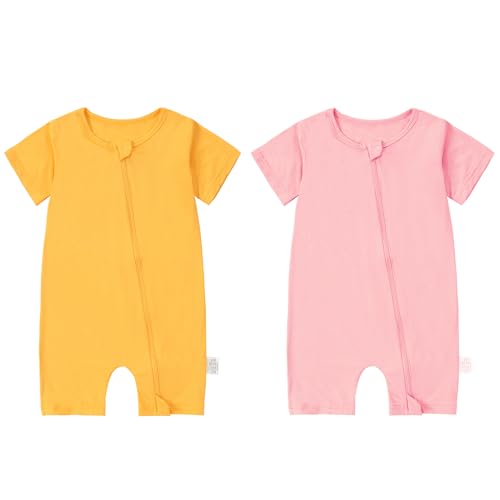 COOKY.D Unisex Baby Bambusfaser Kurzarm Sommer Strampler Lustige Lebendige Farben Neugeborenen Frühling Jumpsuit 12-18 Monate, 2er Pack, Rosa & Gelb von COOKY.D