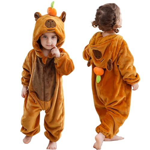 COOKY.D Flanell Tier Baby Overall Tier Kapuze Jumpsuit Unisex Kleinkinder Cartoon Spielanzüge Infant Outfit,Capybara 3-6 Monate von COOKY.D