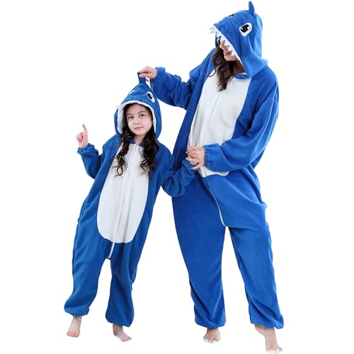 COOKY.D Unisex Tier Eltern Kind Kapuzen Cosplay Pyjama Ganzkörper Overall Halloween Gaming Kostüm Erwachsene Schlafanzug Familien Outfits, Hai XL von COOKY.D