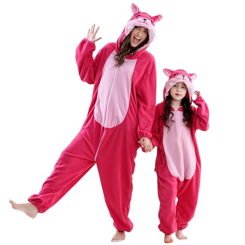COOKY.D Unisex Tier Kinder Kapuzen Cosplay Pyjama All in One Kinder Overall Gaming Kostüm Mädchen Jungen Schlafanzug Familien Outfits, Rosa Fuchs 7-8 Jahre von COOKY.D
