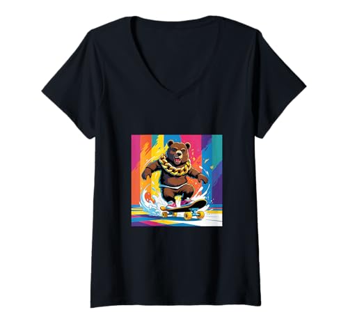 Damen COOL Bear ON A Skate Board. Kette BUNTER Hintergrund, Cute T-Shirt mit V-Ausschnitt Damen COOL Bear ON A Skate Board. Kette BUNTER Hintergrund, Cute T-Shirt mit V-Ausschnitt von COOL BEAR ON A SKATE BOARD. CHAIN COLORS TEETH FUN