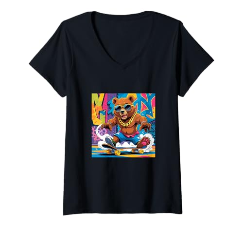 Damen Cooles Bären-T-Shirt. Bären-Skateboarding, Nackenlose Sonnenbrille T-Shirt mit V-Ausschnitt Damen Cooles Bären-T-Shirt. Bären-Skateboarding, Nackenlose Sonnenbrille T-Shirt mit V-Ausschnitt von COOL BEAR SKATE BOARDING. COLORFUL GRAFFITI COOL