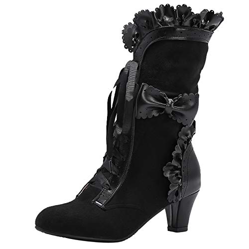 COOLCEPT Damen Vintage Viktorianische Stiefel Schnüren Bogen Mitte Blockabsatz Steampunk Stiefel Black Große 38 von COOLCEPT