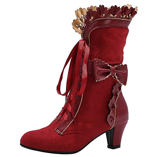 COOLCEPT Damen Vintage Viktorianische Stiefel Schnüren Bogen Mitte Blockabsatz Steampunk Stiefel Claret Große 42 von COOLCEPT