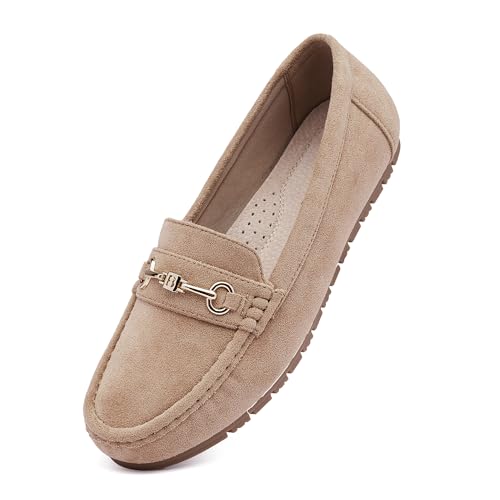 COOL COSER C Damen-Slipper Casual Slip on Flache Schuhe Damen Penny Loafers Moccasions Komfort Elegante Arbeitsschuhe, Khaki, Wildleder, 42 EU Weit von COOL COSER C