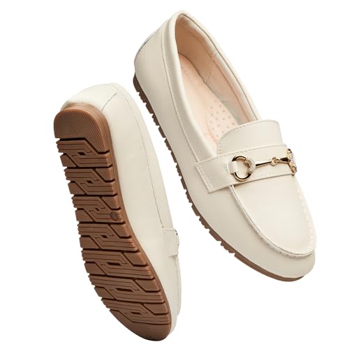 COOL COSER C Weite Loafers für Damen, leger, flacher Slipper, bequeme Penny-Loafers mit Fußgewölbeunterstützung, elegante Mokassins, Beige PU, 38 EU von COOL COSER C