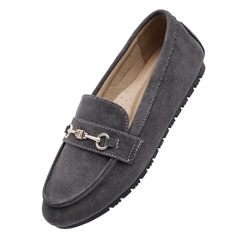 COOL COSER C Weite Loafers für Damen, leger, flacher Slipper, bequeme Penny-Loafers mit Fußgewölbeunterstützung, elegante Mokassins, Dunkelgrau. Wildleder, 39.5 EU von COOL COSER C