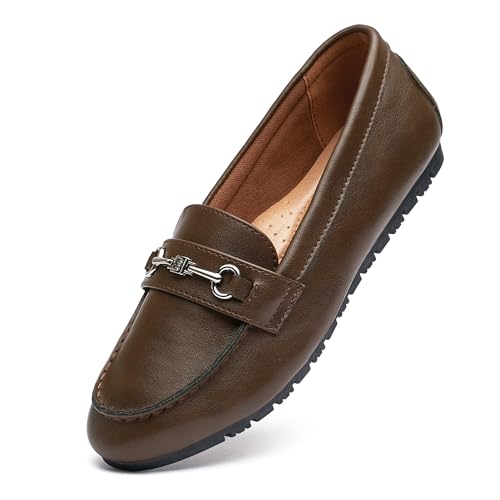 COOL COSER C Weite Loafers für Damen, leger, flacher Slipper, bequeme Penny-Loafers mit Fußgewölbeunterstützung, elegante Mokassins, Kaffeebraun. PU, 42 EU Weit von COOL COSER C