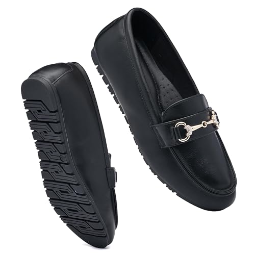 COOL COSER C Weite Loafers für Damen, leger, flacher Slipper, bequeme Penny-Loafers mit Fußgewölbeunterstützung, elegante Mokassins, Schwarz (Black Pu), 46 EU von COOL COSER C